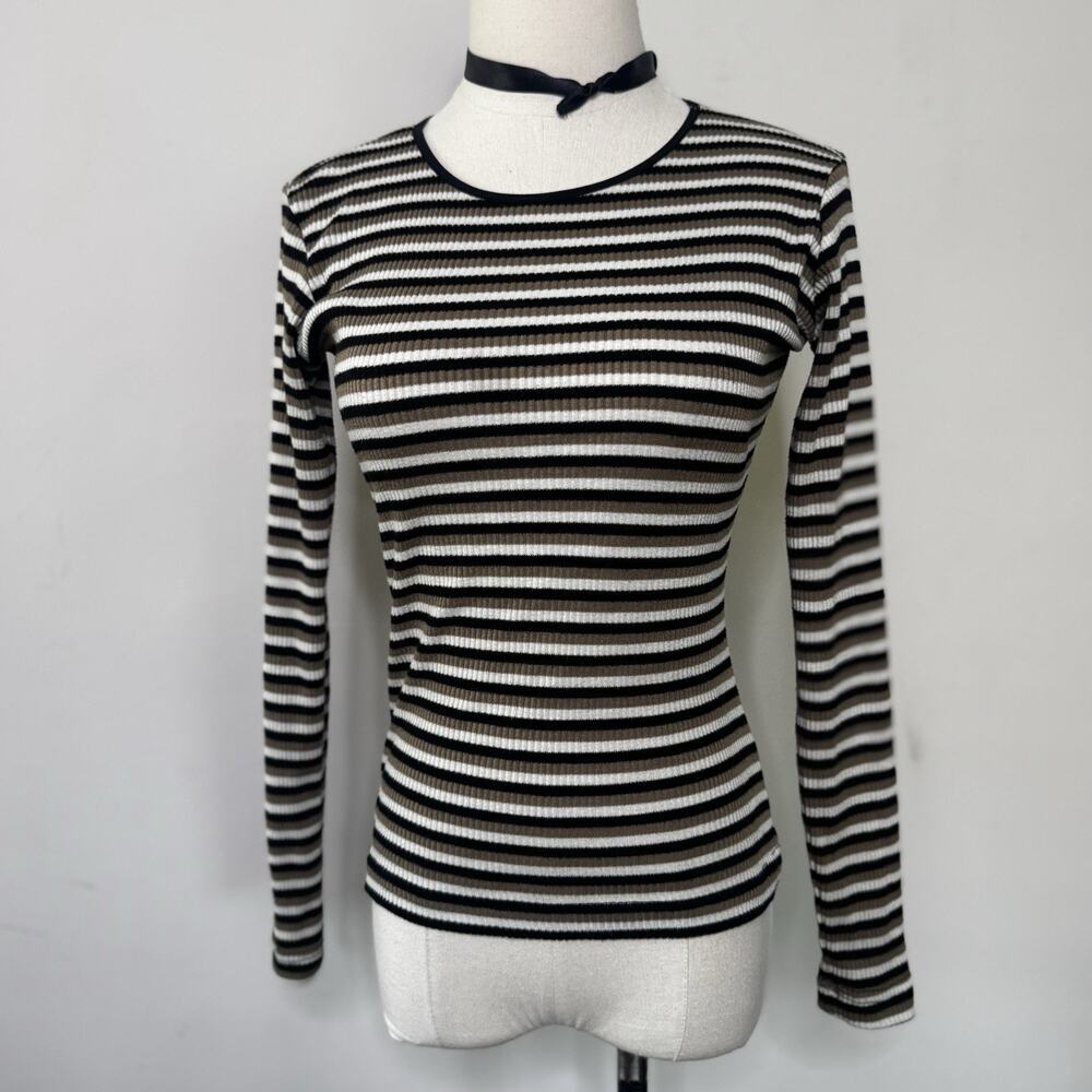 Vintage 90s Ribbed Stripe Ringer Top Earth Tone Long Sleeve Grunge S